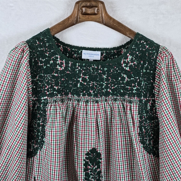 Mi Golondrina Peasant Blouse Crochet Yoke Gingham Artisan Puff Sleeve Top Sz.M - Picture 5 of 11